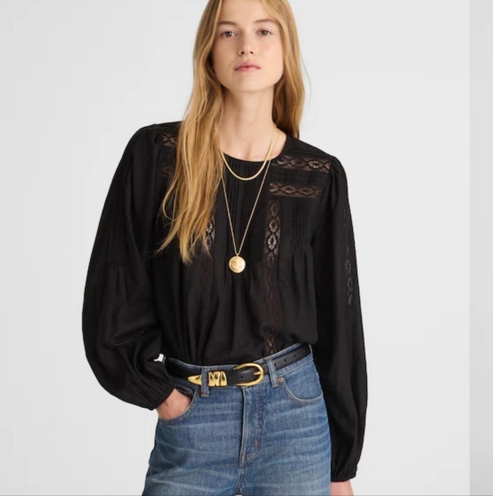 Madewell Lace-Insert Pintucked Long-Sleeve Top Size M NWT Black NW717